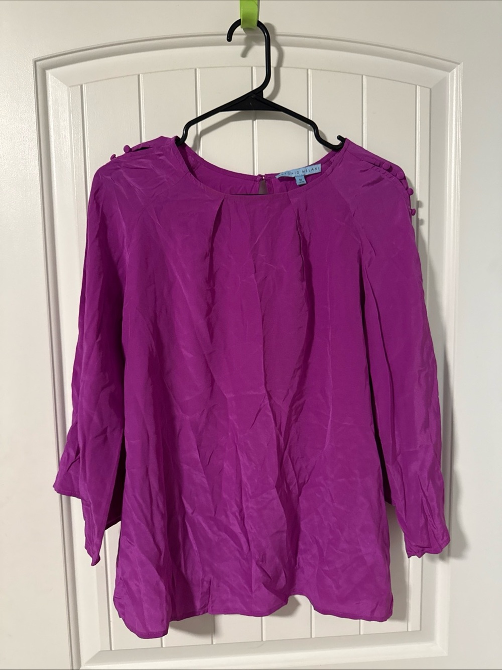 Women’s Antonio Melani Magenta Button-Shoulder Blouse Satiny Top Sz M